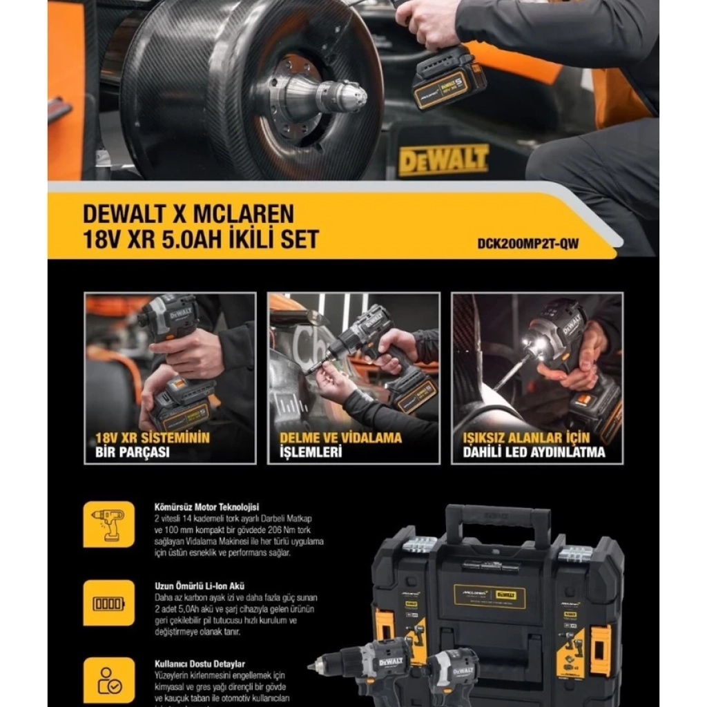 Dewalt Mclaren DCK200MP2T Kömürsüz 18V 5 Ah 2 Li Akülülü Matkap Set