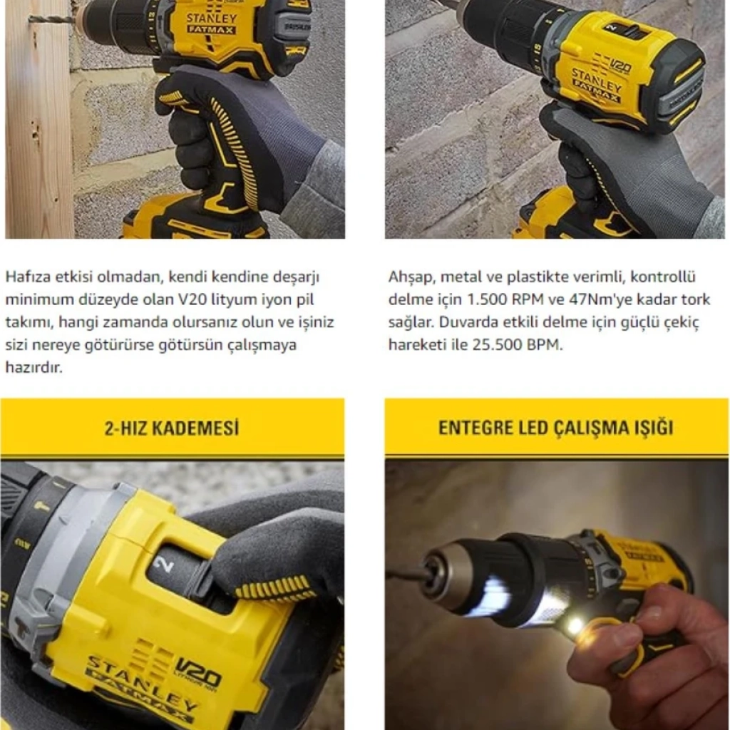 Stanley 18V 2.0AH V20 Li-Ion Çift Akülü Kömürsüz Darbeli Matkap SBD715D2K-TR