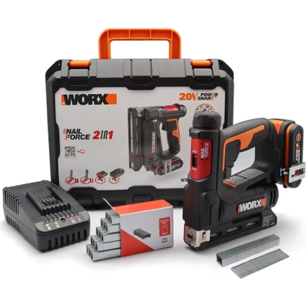 Worx WX843 20VOLT/2.0AH. Li-Ion Şarjlı Profesyonel 6-14MM Zımba ve 15MM Çivi Çakma + 3500 Adet Yedek Zımba ve Çivi