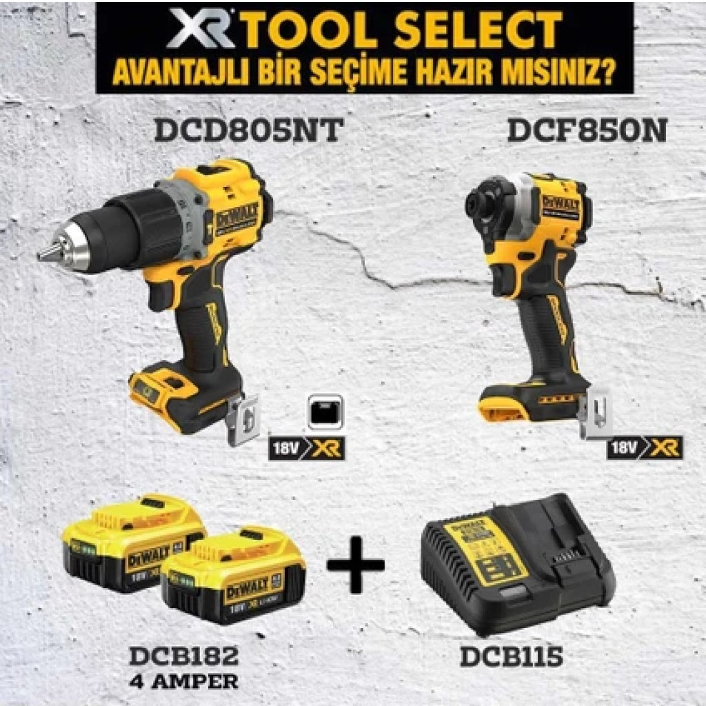 Dewalt DCD805NT (90 NM)+DCF850NT ( 200 Nm )+2x4 Ah Akü+ 1 Adetdolum Cihazı
