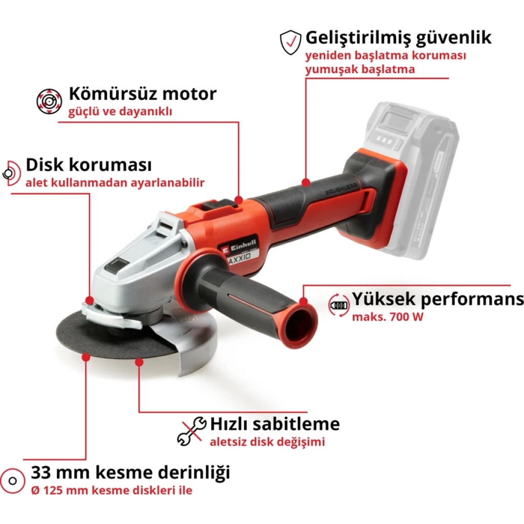 Einhell Professional Akülü Avuç Taşlama AXXIO 18/125 Q Li-Solo Power X-Change (18 V, 700 W, 125 mm disk Ø, 33 mm kesme derinliği, kömürsüz, Quick-Fix 