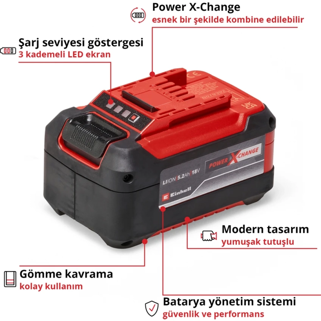 Einhell 5.2 Ah ABS Akü Power X-Change (Li-Ion Akü, 18 V, 5.2 Ah, Tüm Power X-Change cihazları ile uyumlu) - 4511437