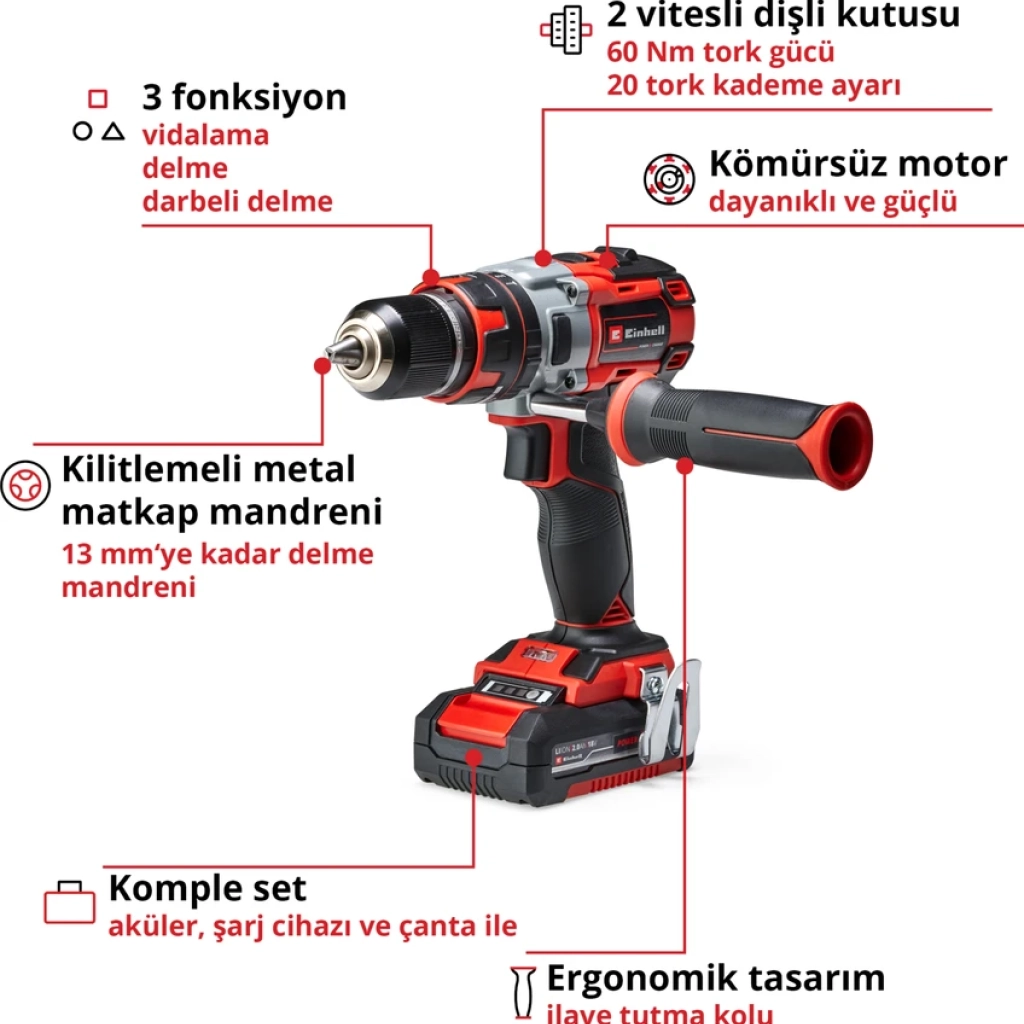 Einhell TE-CD 18 Li-i Kömürsüz Power X-Change Akülü Darbeli Vidalama (darbe fonksiyonlu, Li-Ion, 18 V, 2 hız, 60 Nm, LED ışık, çanta, 2x 2,0 Ah akü ve