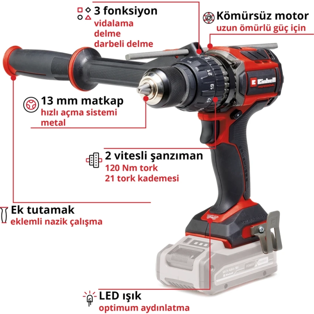 Einhell Professional Akülü Darbeli Vidalama TP-CD 18/120 Li-i BL-Solo Power X-Change (18 V, kömürsüz, 120 Nm, darbeli delme fonksiyonu, 13 mm mandren,