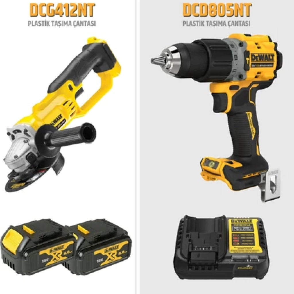 Dewalt DCD805NT 18V Darbeli Matkap + DCG412NT 18V Taşlama + 2 Akülü Ikili Set
