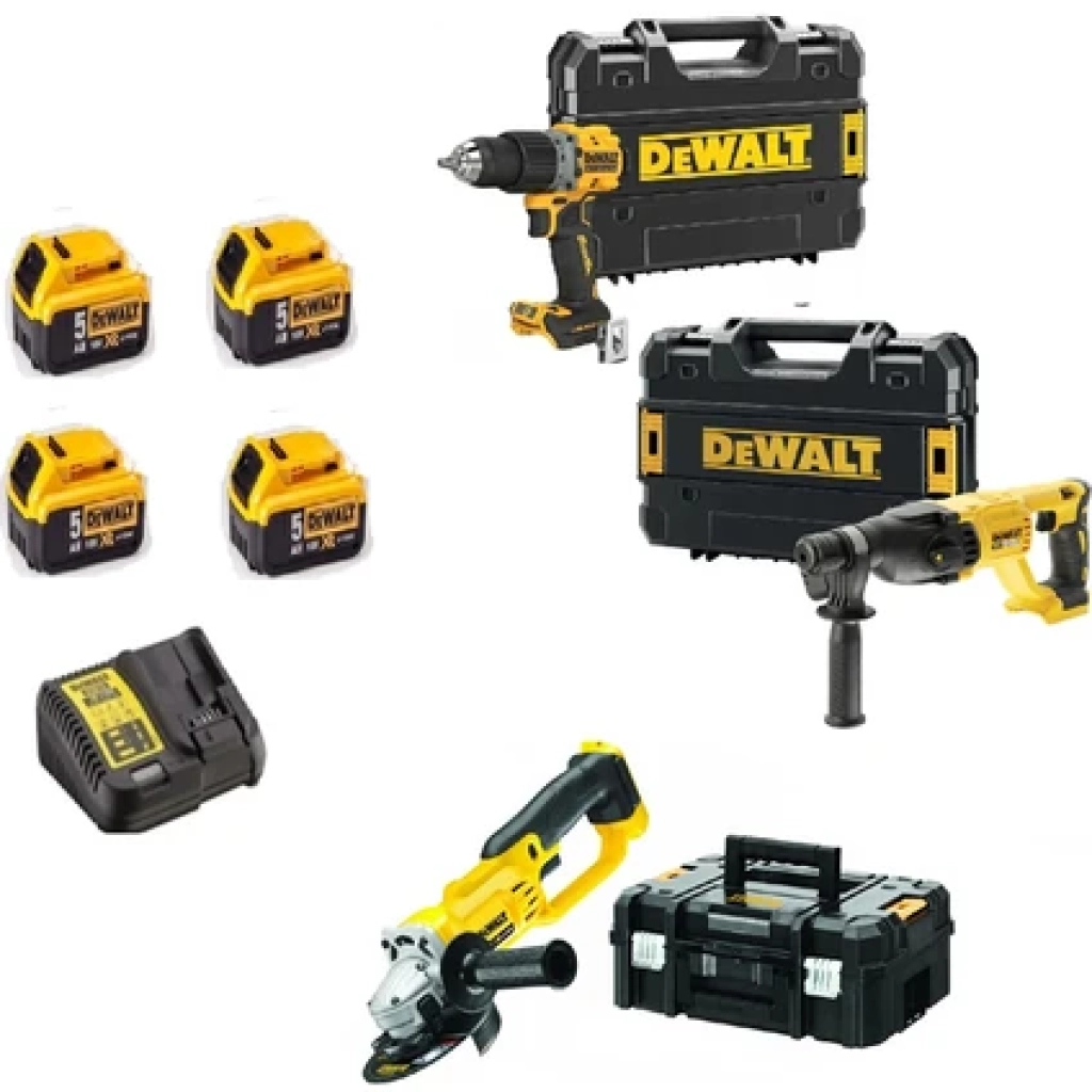 Dewalt DCH133NT ( 2.6j ) + DCG412NT ( 125 mm ) + DCD805NT ( 90NM ) + 4x 5 Ah Akü + 1 Adet Dolum Cihazı