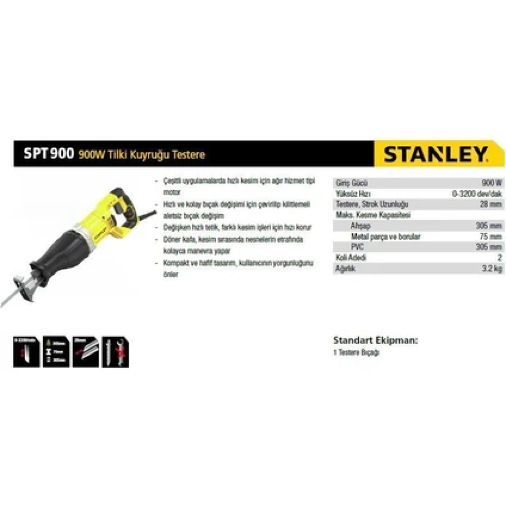 Stanley 900W Tilki Kuyruğu Testere Ergonomik Tasarım ile Hızlı Kesim İçin Dayanıklı Yapı