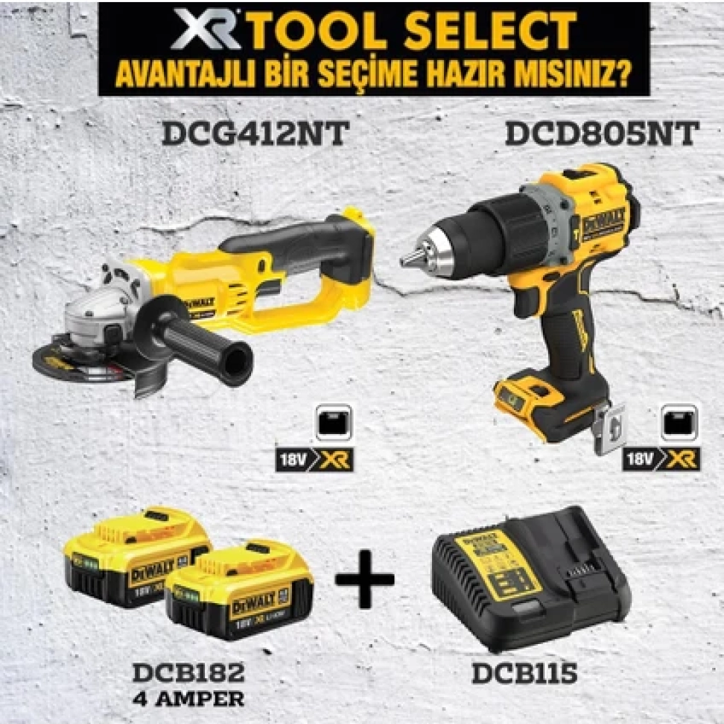 Dewalt DCD805NT Darbeli VIDALAMA+DCG412NT Avuç Içi Taşlama Makinası+2x 4AH Akü+Şarj Cihazı