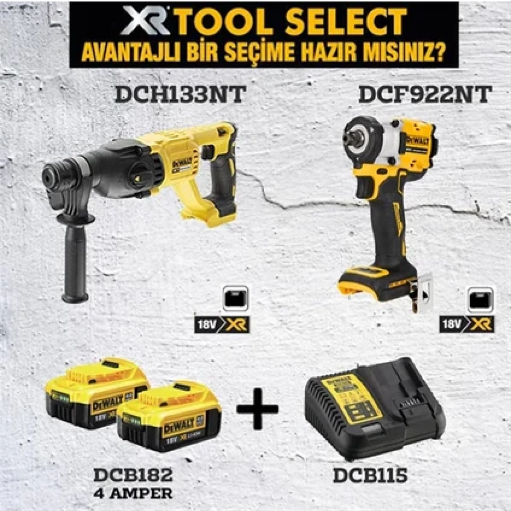 Dewalt DCH133NT Kırıcı Delici 2.6J+DCF922NT Somun Sıkma ( 406 Nm )+2X4AH Akü+Şarj Cihazı
